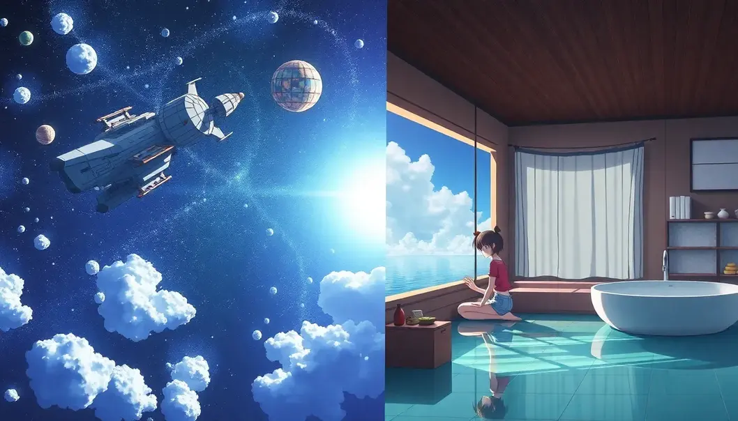 Collage showing 'Cowboy Bebop' spaceship and 'Spirited Away' bathhouse, symbolizing adventure and whimsy for a busy lifestyle.