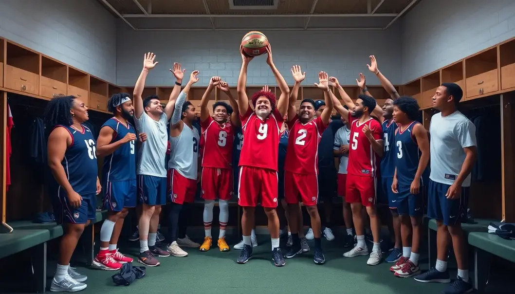 A diverse group of athletes celebrating in a locker room, representing interview success.