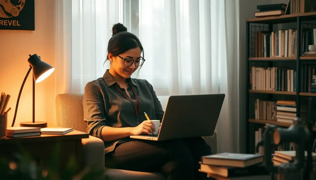A professional writing in a cozy home office environment.