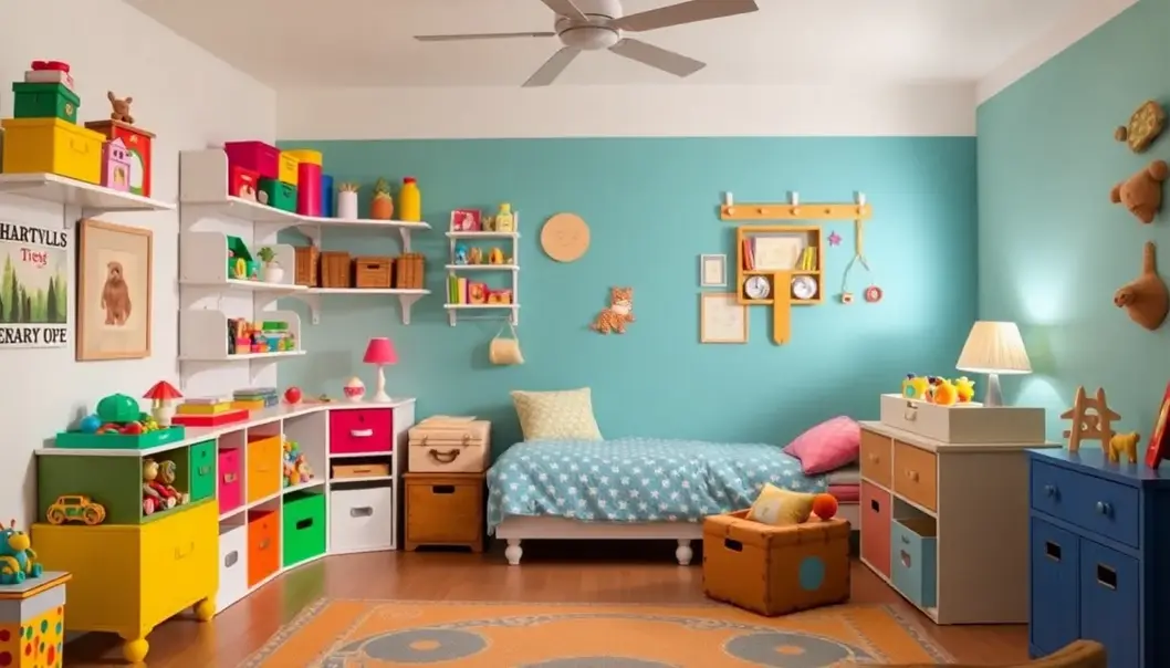 Organized teen room with creative toy storage solutions.