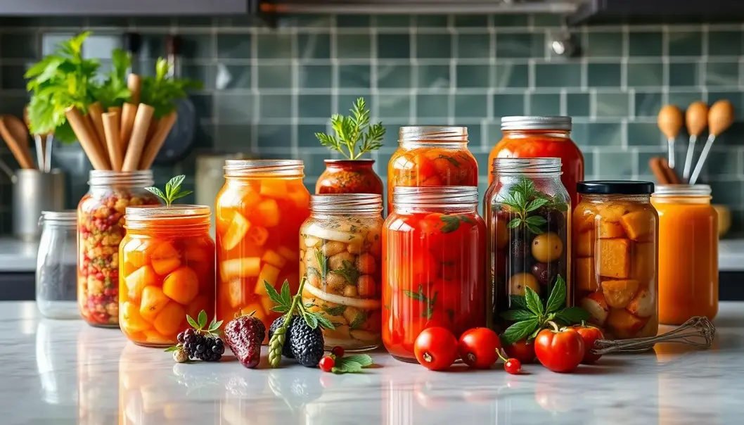Jars of colorful fermented foods set in a modern kitchen.