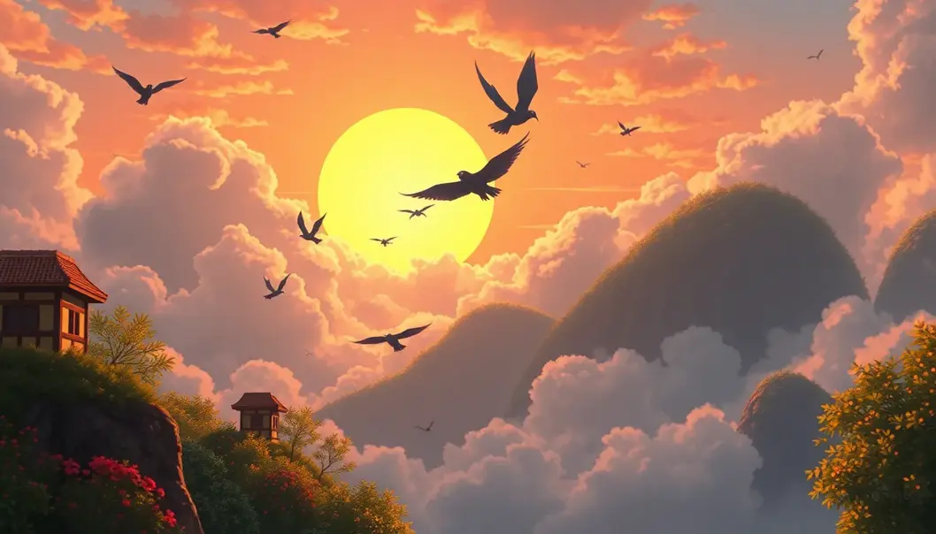 A vibrant, dreamlike landscape with flying creatures under a sunset sky.