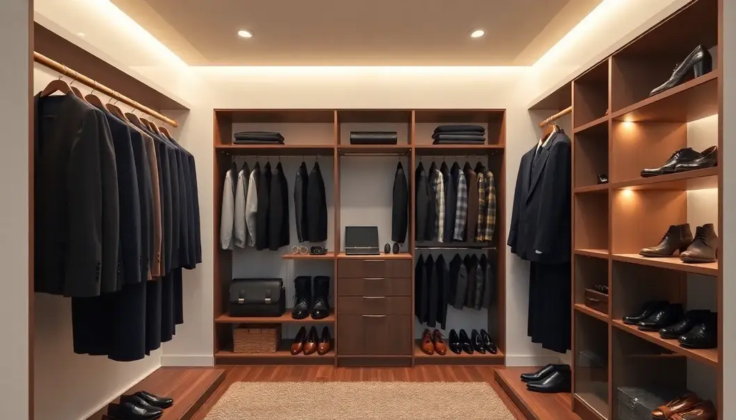 A stylish men's wardrobe room with suits, shoes, and accessories.
